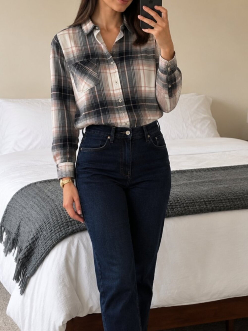 Forever 21 Plaid Button Down Shirt Small Gray Blush White 100% Cotton Flannel